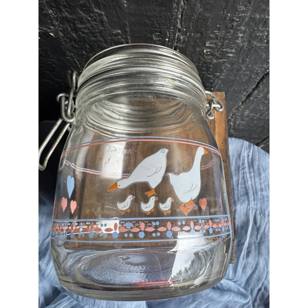 Vintage Arc France Goose Family Glass Canister Wire Bail Jar Hearts 3/4L